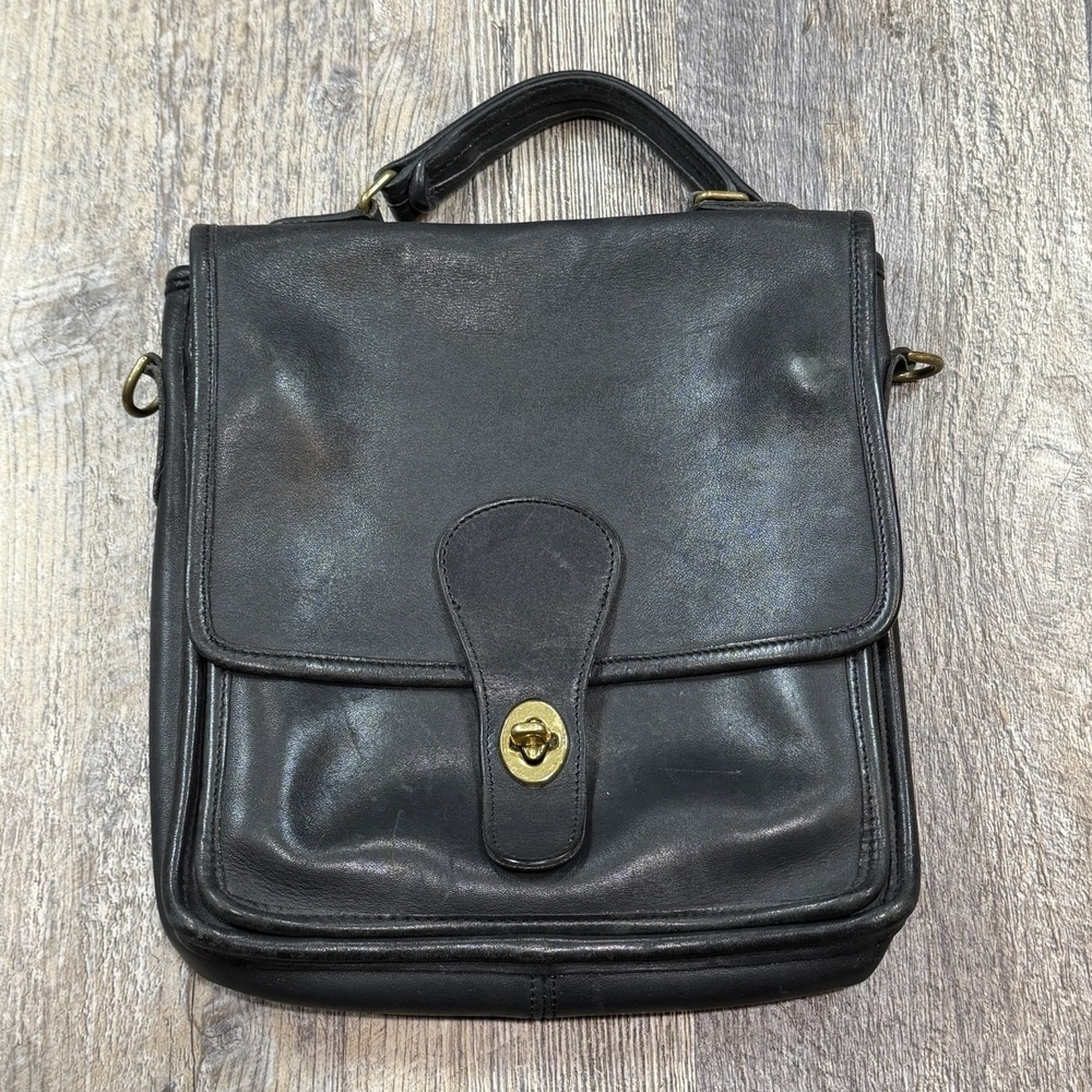 Vintage Coach Black Leather Turn Lock Satchel Messenger Crossbody Bag USA‎ Made